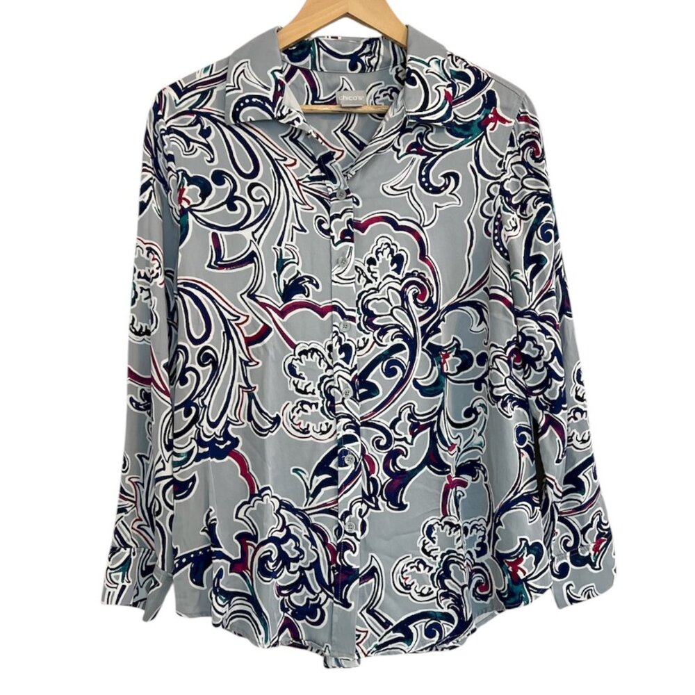 Chico’s Sandwash Satin Paisley Shirt Size 1 (U.S. Size 8/10) Button Down Top
